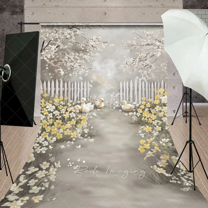 Aperturee - Aperturee Spring Ducklings Garden Path Backdrop White Fence and Yellow Flowers Blossom Scene Farm Animals Background