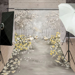 Aperturee - Aperturee Spring Ducklings Garden Path Backdrop White Fence and Yellow Flowers Blossom Scene Farm Animals Background