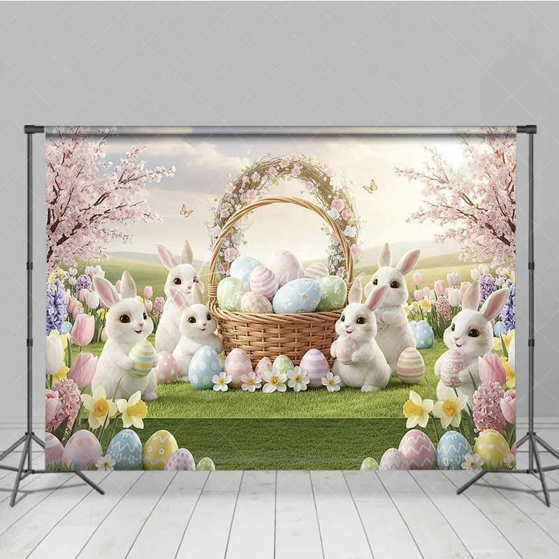 Aperturee - Aperturee Spring Easter Backdrop White Bunnies Flower Basket Colorful Eggs Photography Background Kids Holiday Decoration