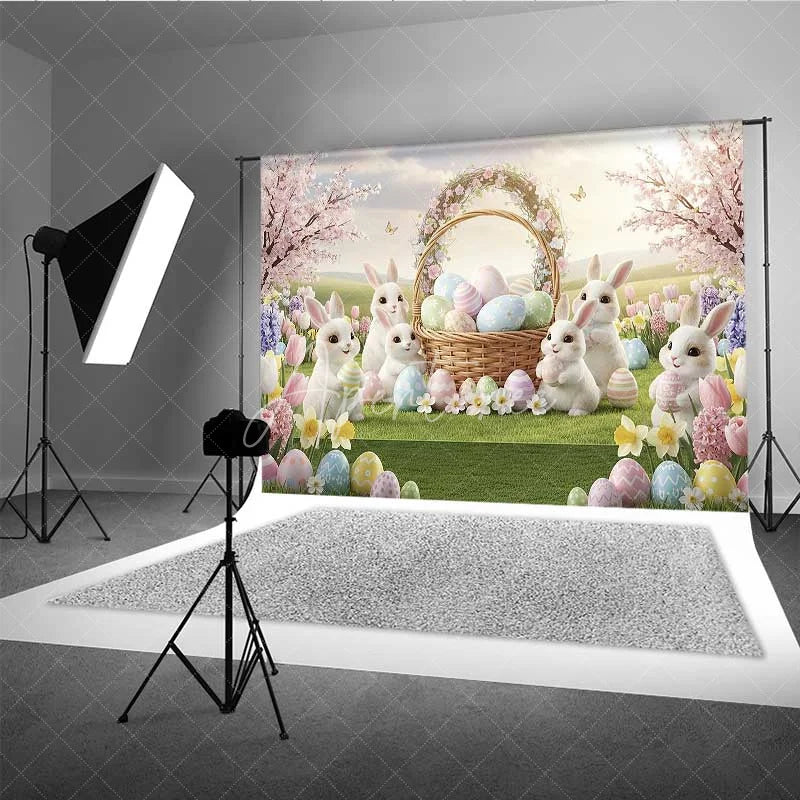 Aperturee - Aperturee Spring Easter Backdrop White Bunnies Flower Basket Colorful Eggs Photography Background Kids Holiday Decoration
