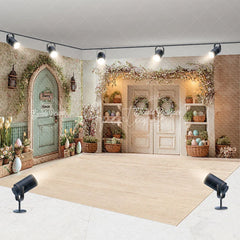 Aperturee - Aperturee Spring Easter Bunny House Room Set Backdrop Floral Door Pastel Eggs Studio Photography Background