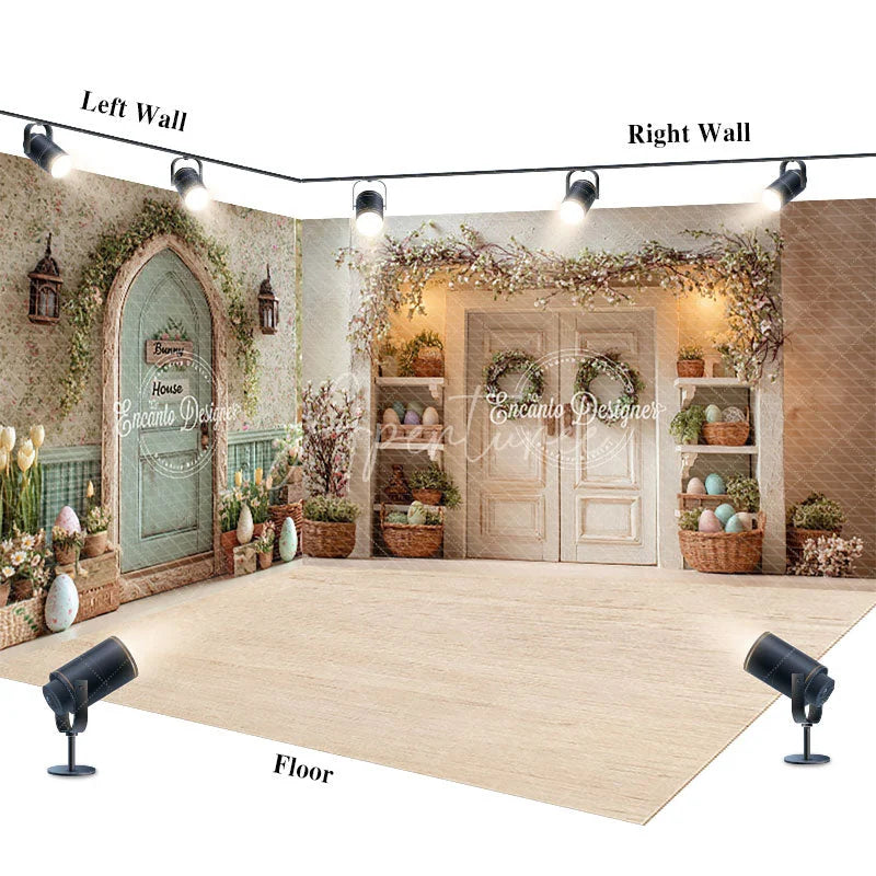 Aperturee - Aperturee Spring Easter Bunny House Room Set Backdrop Floral Door Pastel Eggs Studio Photography Background
