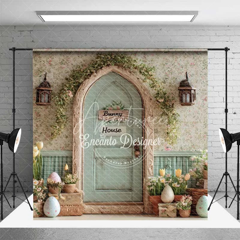 Aperturee - Aperturee Spring Easter Bunny House Room Set Backdrop Floral Door Pastel Eggs Studio Photography Background