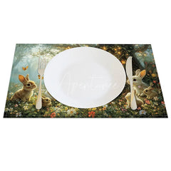 Aperturee - Aperturee Spring Easter Bunny Set of 4 Placemats Rabbits in Green Forest Enchanted Garden Holiday Table Mats