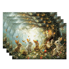 Aperturee - Aperturee Spring Easter Bunny Set of 4 Placemats Rabbits in Green Forest Enchanted Garden Holiday Table Mats