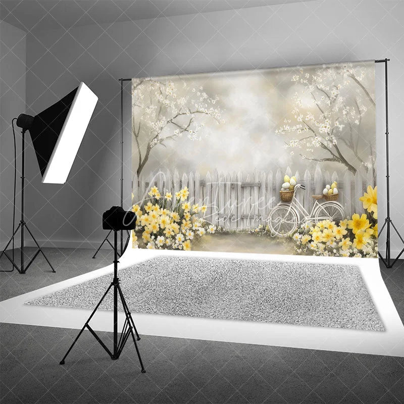 Aperturee - Aperturee Spring Easter Egg Bicycle Backdrop Yellow Daffodils and White Fence Photography Background for Easter Party
