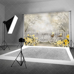 Aperturee - Aperturee Spring Easter Egg Bicycle Backdrop Yellow Daffodils and White Fence Photography Background for Easter Party