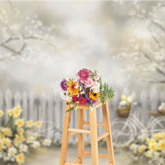 Aperturee - Aperturee Spring Easter Egg Bicycle Backdrop Yellow Daffodils and White Fence Photography Background for Easter Party
