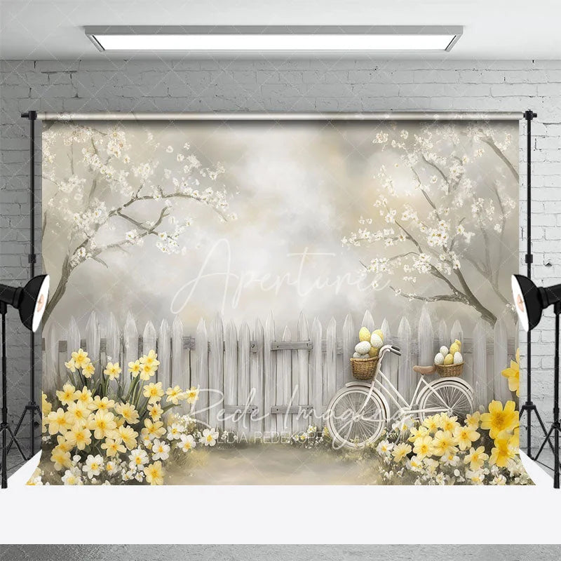 Aperturee - Aperturee Spring Easter Egg Bicycle Backdrop Yellow Daffodils and White Fence Photography Background for Easter Party