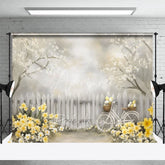 Aperturee - Aperturee Spring Easter Egg Bicycle Backdrop Yellow Daffodils and White Fence Photography Background for Easter Party