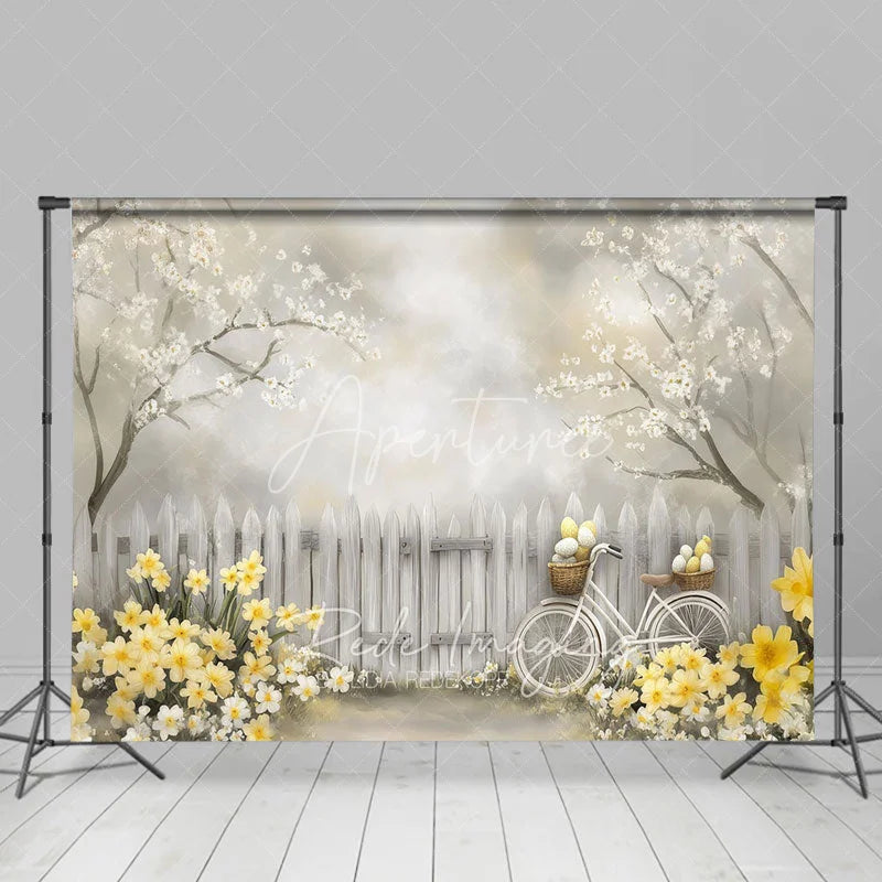 Aperturee - Aperturee Spring Easter Egg Bicycle Backdrop Yellow Daffodils and White Fence Photography Background for Easter Party