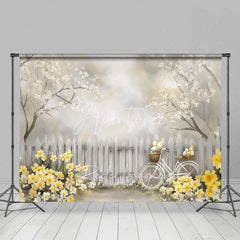 Aperturee - Aperturee Spring Easter Egg Bicycle Backdrop Yellow Daffodils and White Fence Photography Background for Easter Party