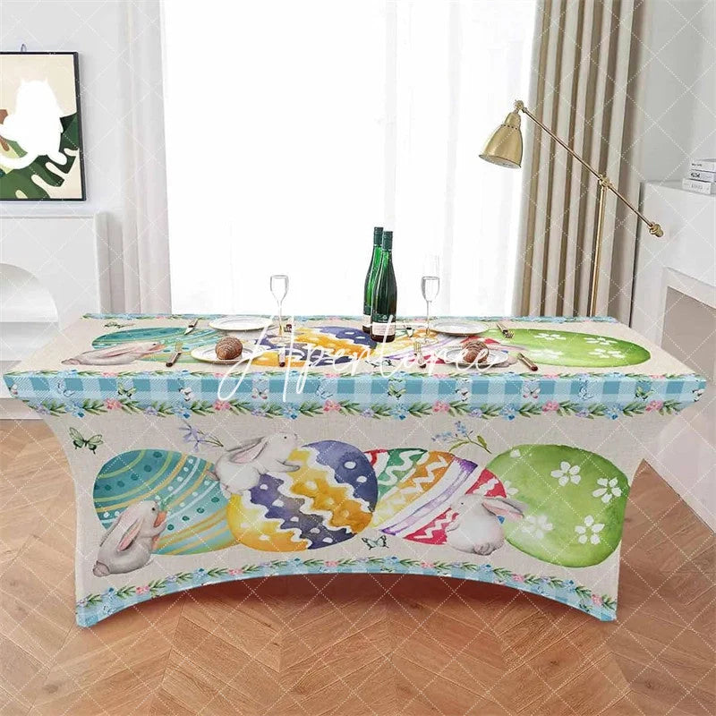 Aperturee - Aperturee Spring Easter Eggs Bunny Floral Fitted Stretch Table Cover