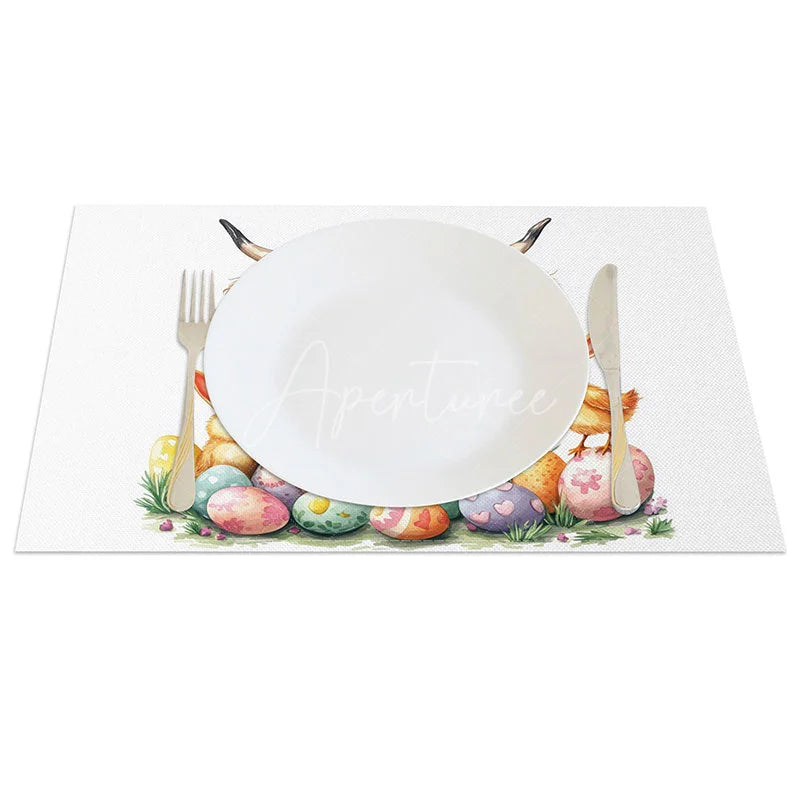 Aperturee - Aperturee Spring Easter Highland Cow Set of 4 Placemats Cute Chicks Colorful Eggs Table Mats Holiday Party Dining Room Decor