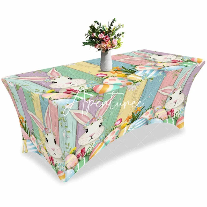 Aperturee - Aperturee Spring Easter Rabbit Colorful Eggs Stretch Table Cover