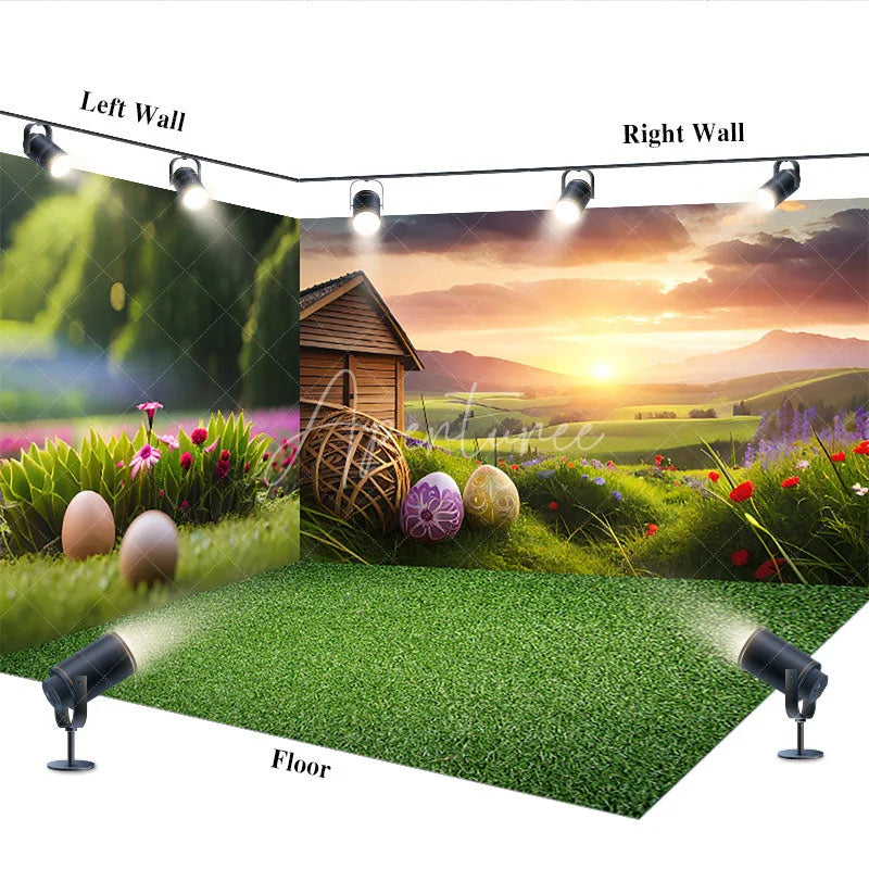 Aperturee - Aperturee Spring Easter Room Set Backdrop Sunset Farm Barn Eggs Green Grass Background Nature Scenery Photography Prop