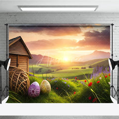 Aperturee - Aperturee Spring Easter Room Set Backdrop Sunset Farm Barn Eggs Green Grass Background Nature Scenery Photography Prop