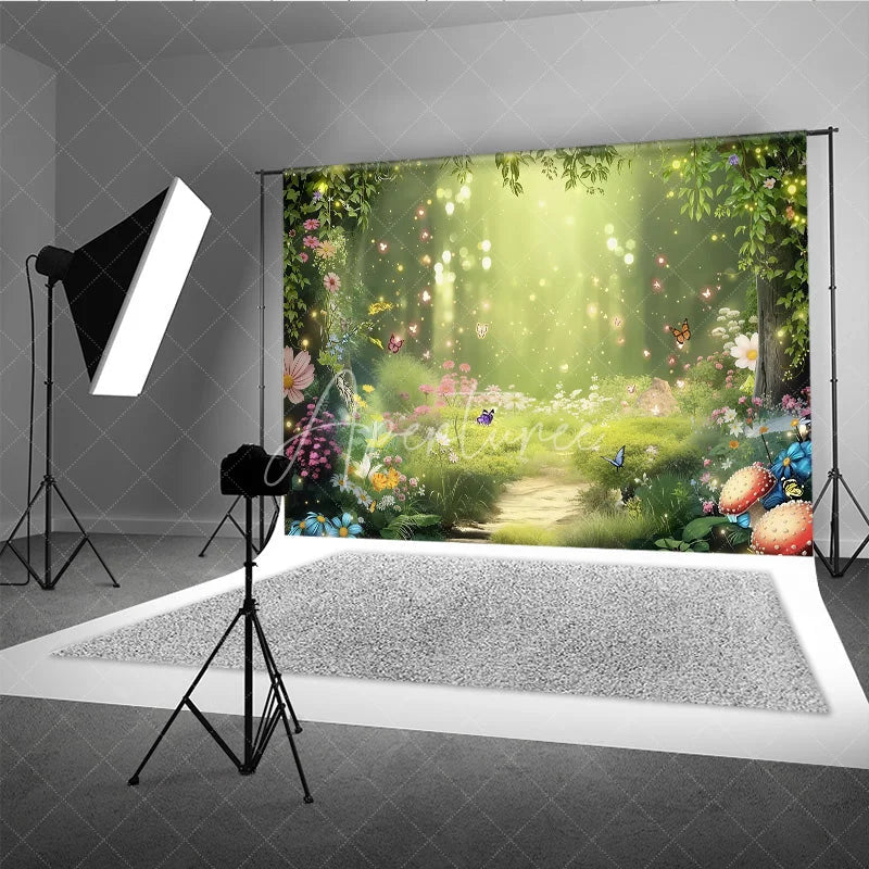 Aperturee - Aperturee Spring Enchanted Forest Backdrop Fairytale Garden with Butterflies and Flowers Background Nature Woodland Photography