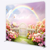 Aperturee - Aperturee Spring Fairy Garden Tension Fabric Backdrop Rainbow and White Picket Fence Flower Party Decorations