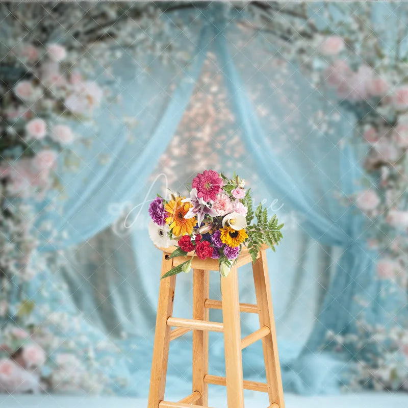 Aperturee - Aperturee Spring Floral Arch Photography Backdrop Blue Drapes with Pink Roses Bokeh Lights Wedding Photo Background