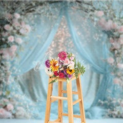Aperturee - Aperturee Spring Floral Arch Photography Backdrop Blue Drapes with Pink Roses Bokeh Lights Wedding Photo Background