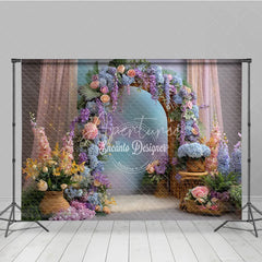 Aperturee - Aperturee Spring Floral Arch Photography Backdrop Purple and Pink Hydrangea Elegant Wedding or Garden Party Background