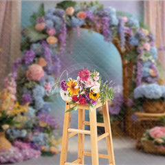 Aperturee - Aperturee Spring Floral Arch Photography Backdrop Purple and Pink Hydrangea Elegant Wedding or Garden Party Background