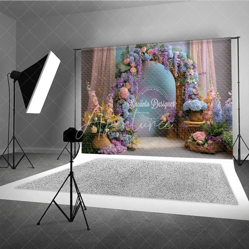 Aperturee - Aperturee Spring Floral Arch Photography Backdrop Purple and Pink Hydrangea Elegant Wedding or Garden Party Background