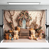 Aperturee - Aperturee Spring Floral Bear Wood House Cake Smash Backdrop