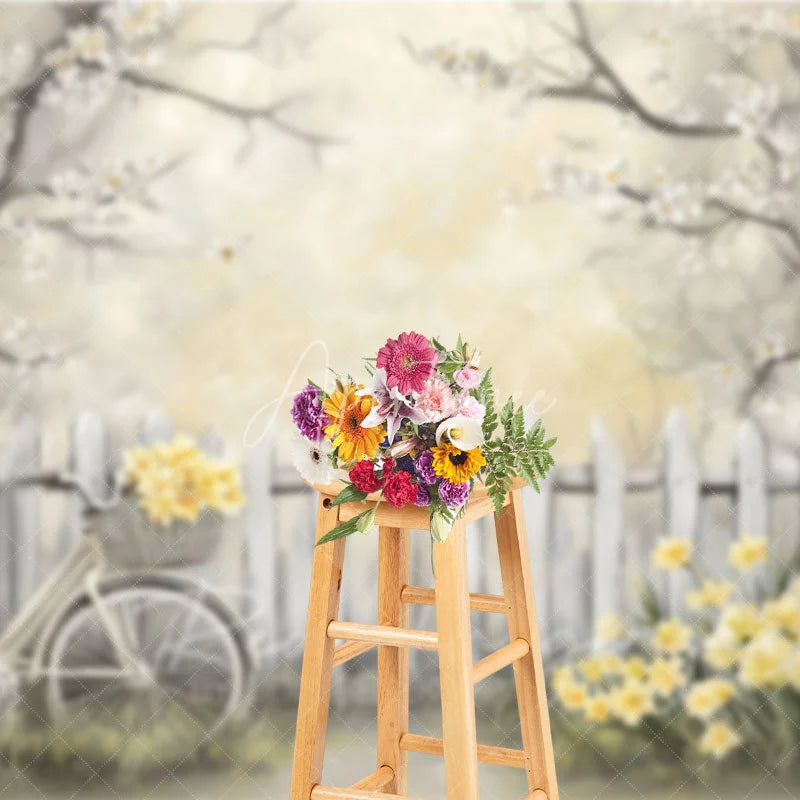 Aperturee - Aperturee Spring Floral Bicycle Backdrop White Fence and Yellow Flowers Photography Background for Bridal Shower Event