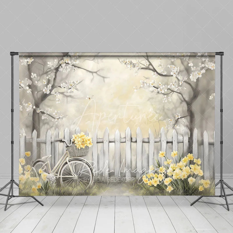 Aperturee - Aperturee Spring Floral Bicycle Backdrop White Fence and Yellow Flowers Photography Background for Bridal Shower Event