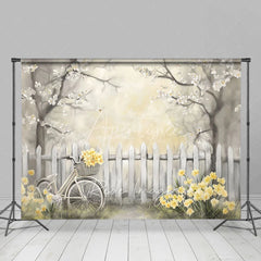Aperturee - Aperturee Spring Floral Bicycle Backdrop White Fence and Yellow Flowers Photography Background for Bridal Shower Event
