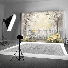 Aperturee - Aperturee Spring Floral Bicycle Backdrop White Fence and Yellow Flowers Photography Background for Bridal Shower Event