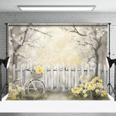Aperturee - Aperturee Spring Floral Bicycle Backdrop White Fence and Yellow Flowers Photography Background for Bridal Shower Event