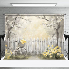 Aperturee - Aperturee Spring Floral Bicycle Backdrop White Fence and Yellow Flowers Photography Background for Bridal Shower Event