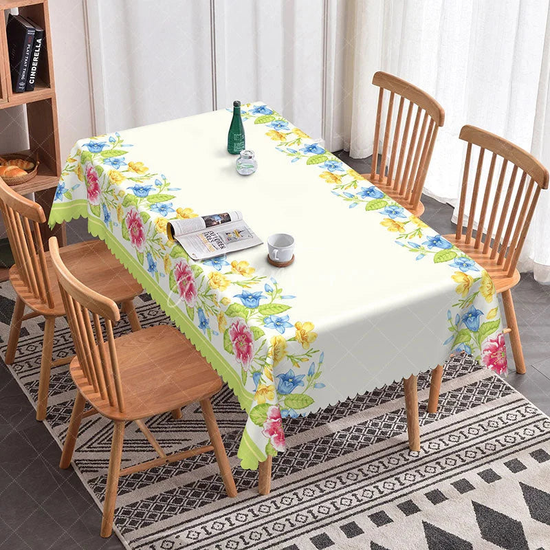 Aperturee - Aperturee Spring Floral Border Rectangle Tablecloth Yellow Blue Flowers White Center Garden Party Dining Table Cover Decoration