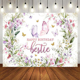 Aperturee - Aperturee Spring Floral Butterfly Happy Birthday Bestie Backdrop