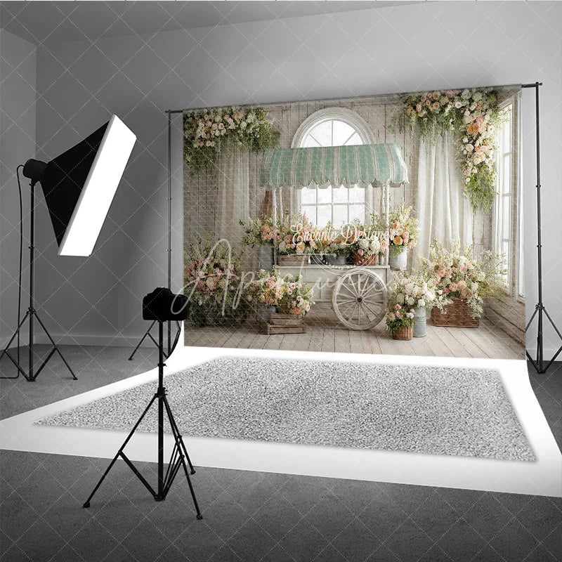 Aperturee - Aperturee Spring Floral Cart Indoor Photography Backdrop Green Striped Awning and Peach Blossoms Studio Background