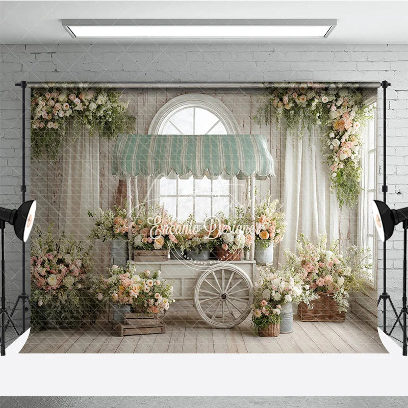 Aperturee - Aperturee Spring Floral Cart Indoor Photography Backdrop Green Striped Awning and Peach Blossoms Studio Background