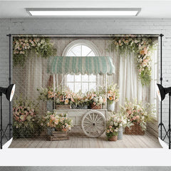 Aperturee - Aperturee Spring Floral Cart Indoor Photography Backdrop Green Striped Awning and Peach Blossoms Studio Background