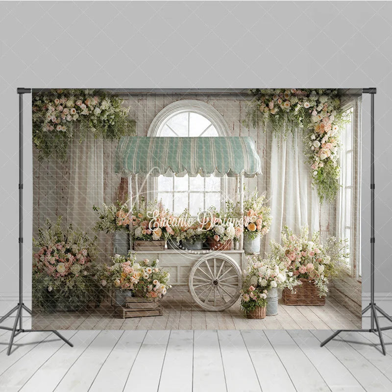 Aperturee - Aperturee Spring Floral Cart Indoor Photography Backdrop Green Striped Awning and Peach Blossoms Studio Background