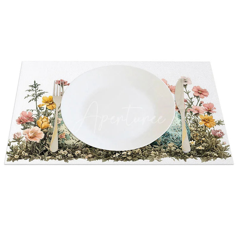 Aperturee - Aperturee Spring Floral Easter Eggs Set of 4 Placemats Wildflower Meadow Grass Table Mats Botanical Holiday Dining Room Decor