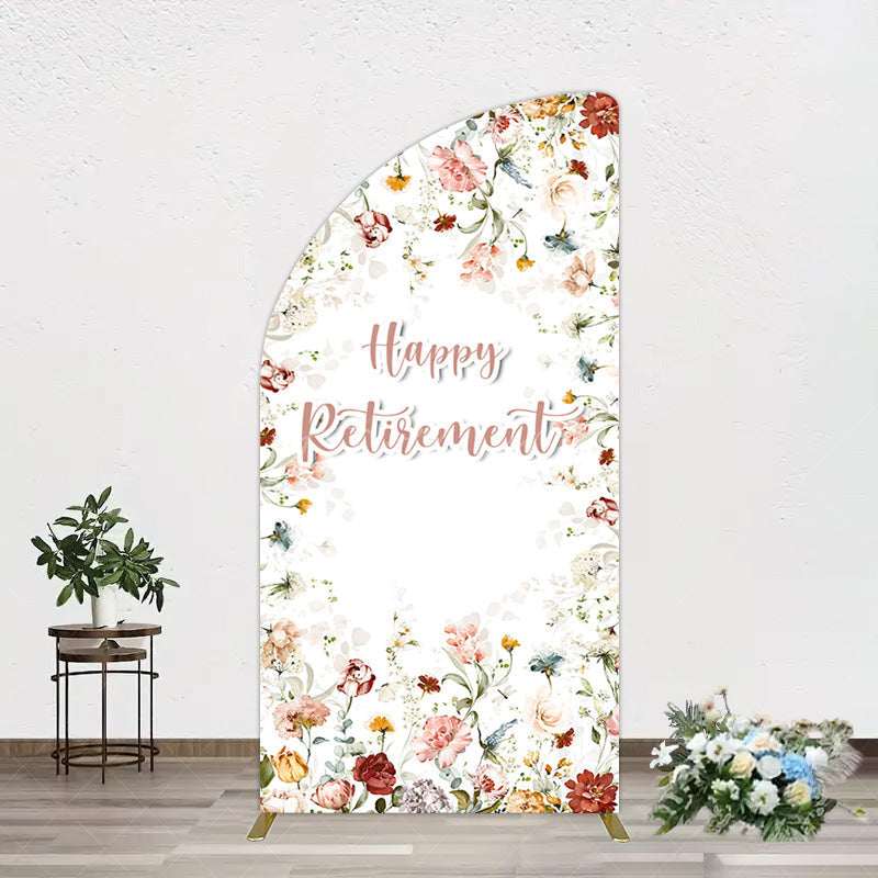 Aperturee - Aperturee Spring Floral Greenery Happy Retirement Half Moon Arch Backdrop