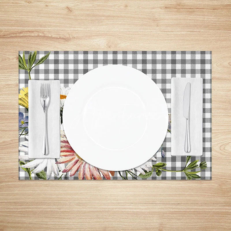Aperturee - Aperturee Spring Floral Grey and White Plaid Set of 4 Placemats for Farmhouse Kitchen and Garden Party Table Decor