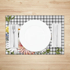 Aperturee - Aperturee Spring Floral Grey and White Plaid Set of 4 Placemats for Farmhouse Kitchen and Garden Party Table Decor