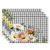 Aperturee - Aperturee Spring Floral Grey and White Plaid Set of 4 Placemats for Farmhouse Kitchen and Garden Party Table Decor
