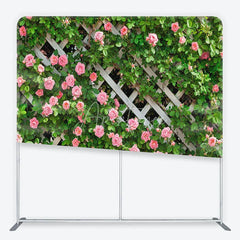 Aperturee - Aperturee Spring Floral Lattice Tension Fabric Backdrop Pink Roses Green Climbing Plants Garden Theme Party Photo Decoration