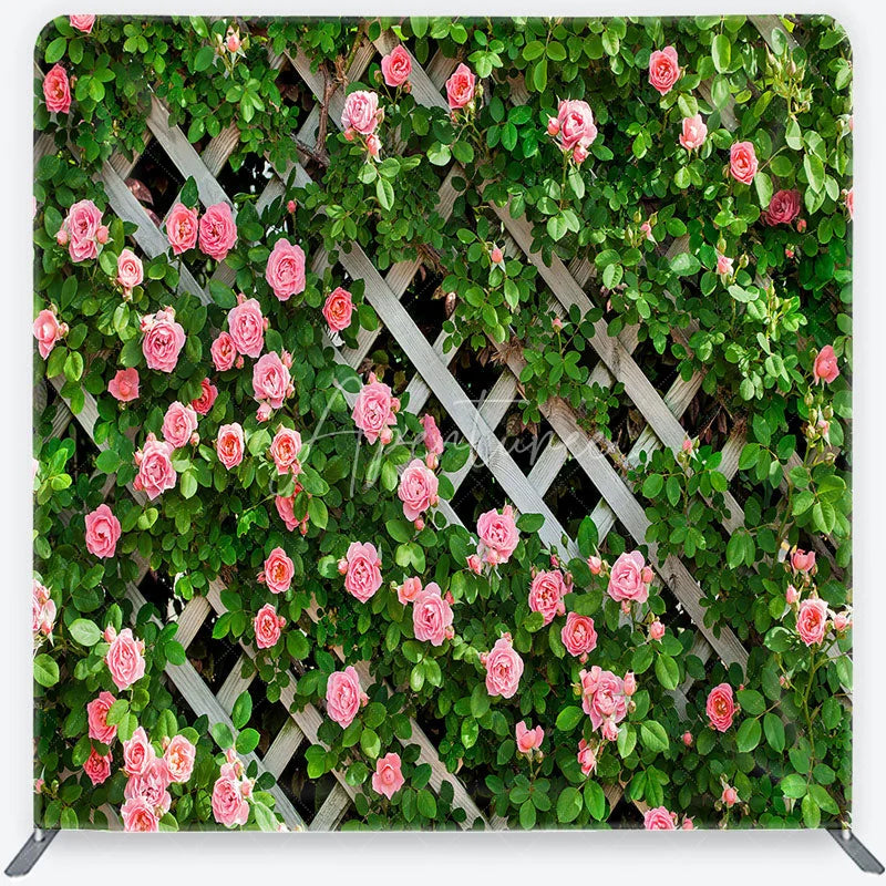Aperturee - Aperturee Spring Floral Lattice Tension Fabric Backdrop Pink Roses Green Climbing Plants Garden Theme Party Photo Decoration
