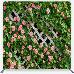 Aperturee - Aperturee Spring Floral Lattice Tension Fabric Backdrop Pink Roses Green Climbing Plants Garden Theme Party Photo Decoration