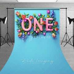 Aperturee - Aperturee Spring Floral One Birthday Sweep Photo Backdrop Pink Tulip Flower First Birthday Background Garden Cake Smash Floor